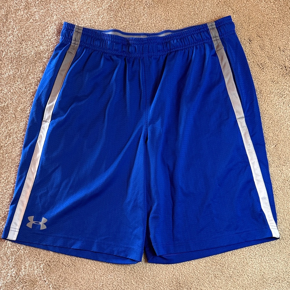 Under Armour Men's Royal Blue Athletic Shorts with Silver Stripes Size Large